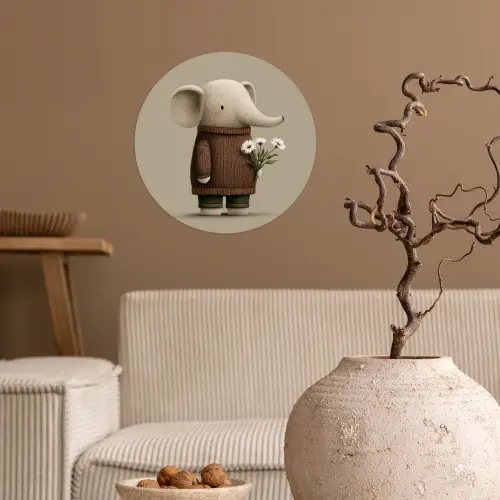 Olifant - Witte bloemen - Kindvriendelijk Wandcirkel behangsticker klein -sfeer1