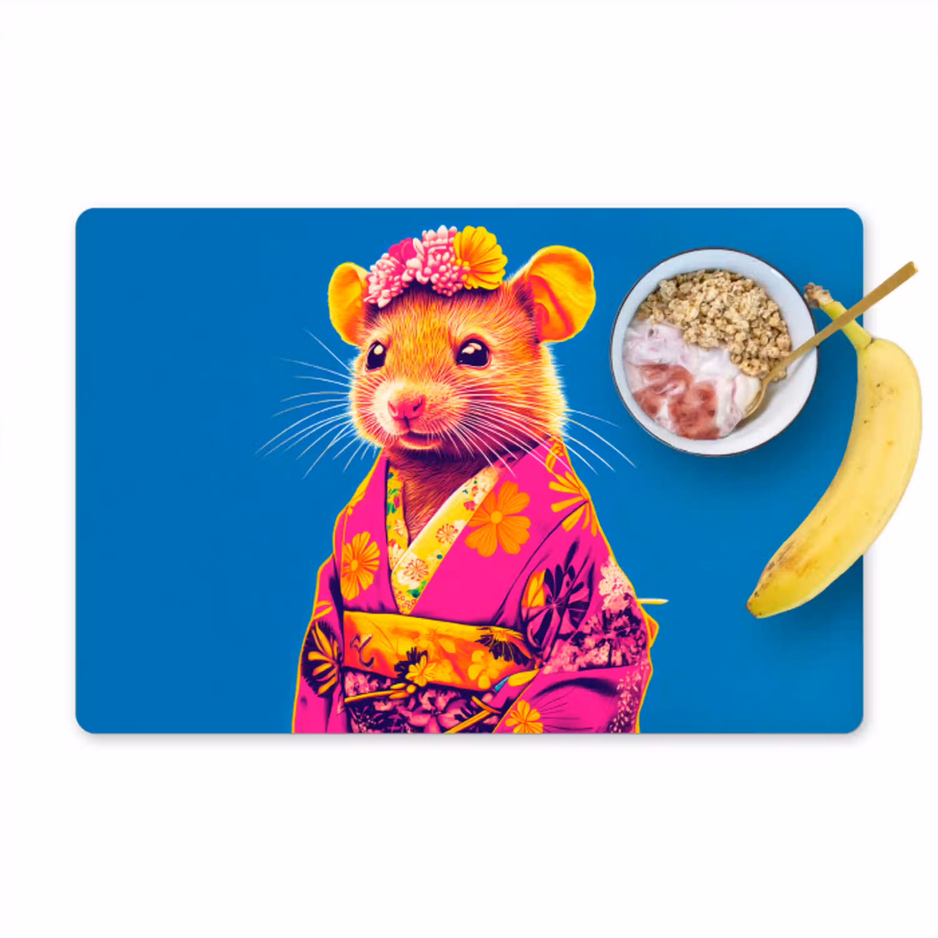 Muis - Kimono - Bloemen - Blauw Placemat vinyl groot -zzzproduct_Kitchenyeah-website
