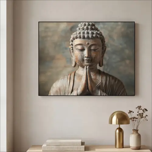 Boedha - Beeld - Bruin - Rust Textielframe zwart klein -sfeer2