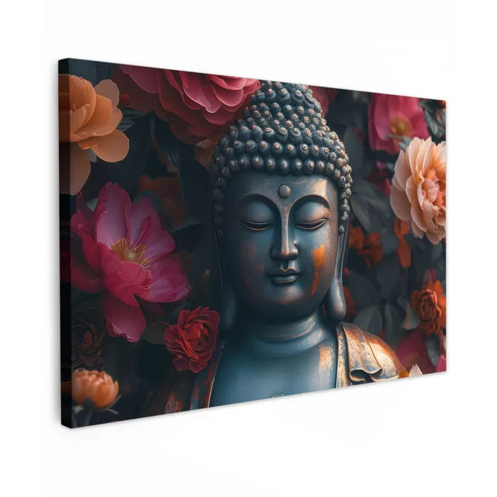 Boeddhabeeld omgeven door bloemen Tuinposter op houten frame 2 cm dik klein -3d
