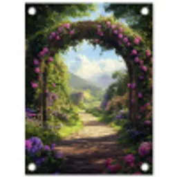 Doorkijk - Rozenboog - Uitzicht - Landschap - Bloemen tuinposter los doek klein -3d