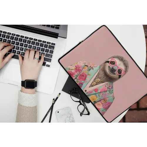 Luiaard - Bloemenprint - Bril - Roze laptophoes neopreen klein -bureau