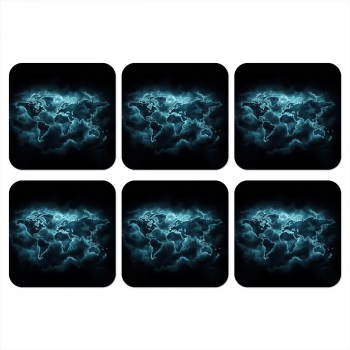 Wereldkaart - Bliksem - Blauw onderzetter kurk middel -3d