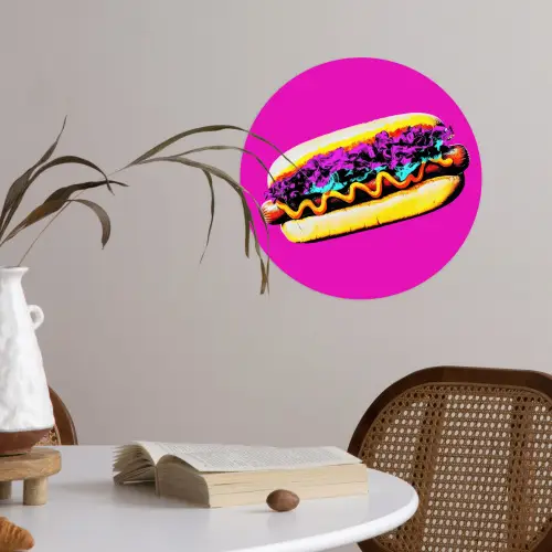 Hotdog - Roze - Retro Wandcirkel behangsticker klein -sfeer3