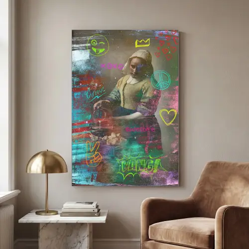 Melkmeisje - Johannes Vermeer - Graffiti Textielframe zilver middel -sfeer1