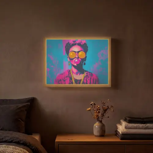 Vrouw - Kauwgom - Zonnebril - Oranje Light Box met batterij (Wandlamp) middel -sfeer4