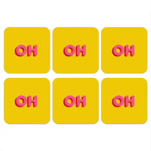 Geel - Roze - Oh - 3D onderzetter kurk middel -3d