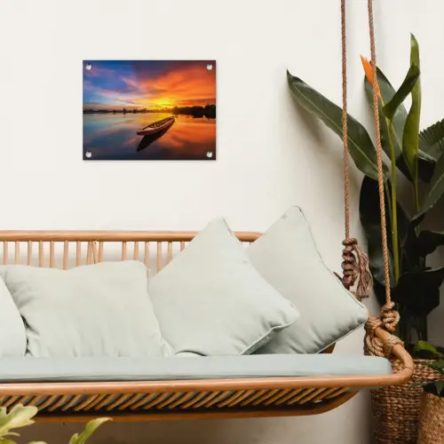 Boot - Water - Zonsondergang - Oranje - Water tuinposter los doek klein -sfeer7