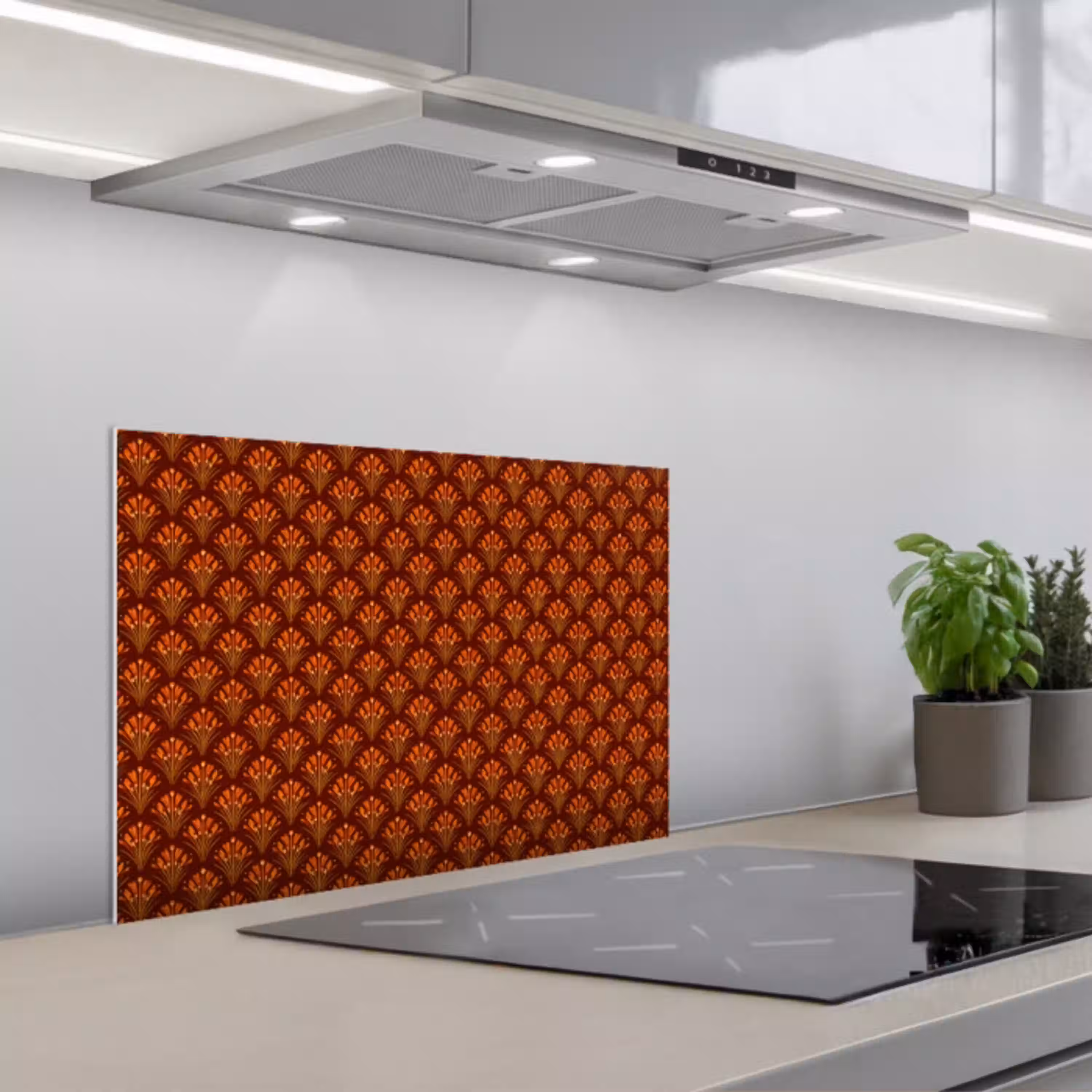 Waaiers - Art Deco - Botanisch - Roestbruin - Oranje keuken achterwand spatscherm klein 900 -3d_schuin