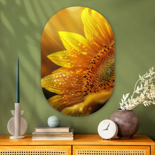 Zonnebloem - Dauwdruppels - Geel - Zonlicht Wandcirkel Ovaal Glas middel -sfeer2