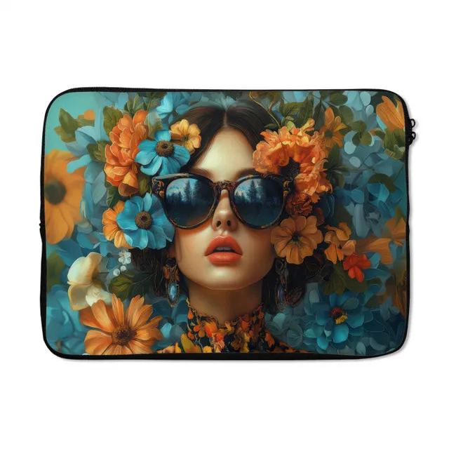 Laptophoes Vrouw - Bloemen - Oranje - Blauw - Modern