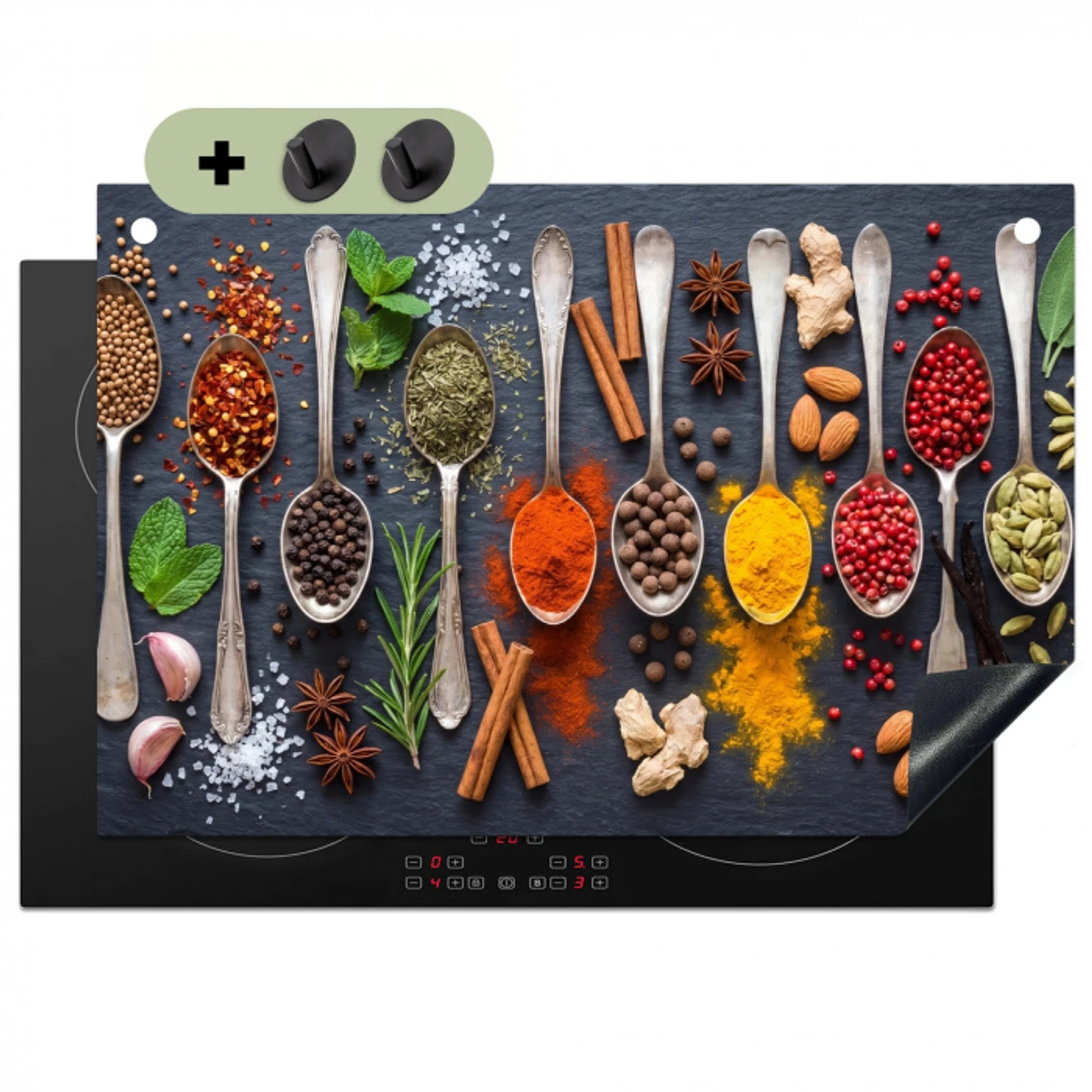 Kruiden - Lepels - Culinair - Kleurrijk - Sfeervol Inductie beschemer met haakjes klein -3d