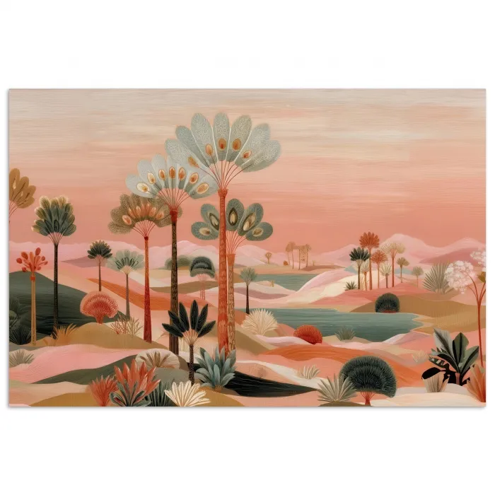 Roze landschap - Palmen - Water poster papier klein -3d