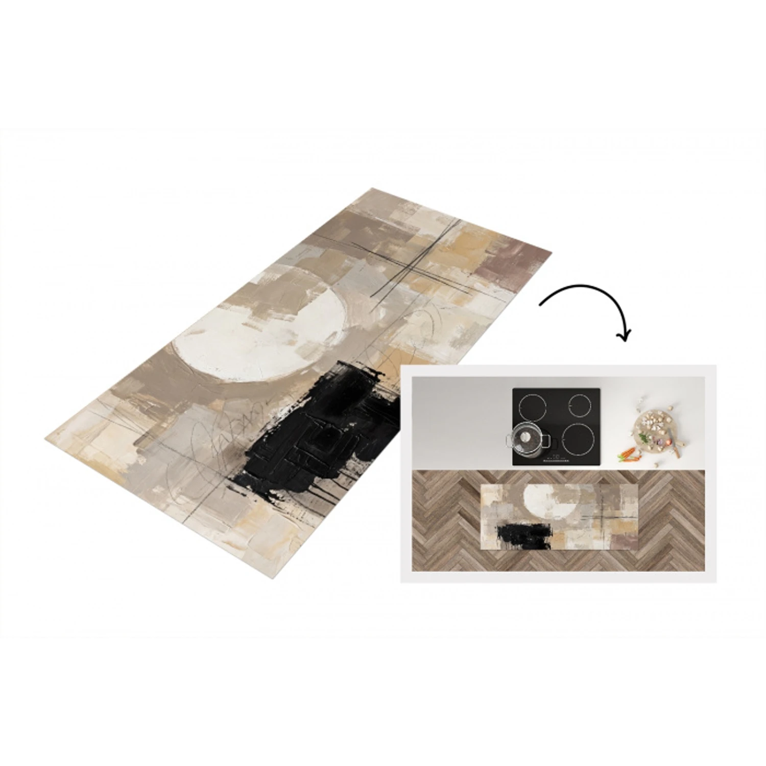 Abstract - Cirkel - Modern - Beige - Zwart - Minimalistisch Keukenloper - keukenmat middel -3d