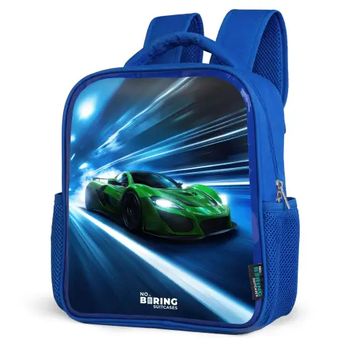 Groene supercar flitst door neonlicht Kinderrugzak - Blauw middel -schuin