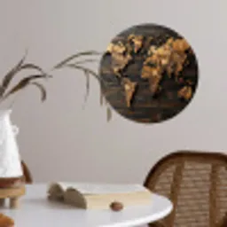 Wereldkaart -  Hout - Mozaïek Wandcirkel behangsticker klein -sfeer3