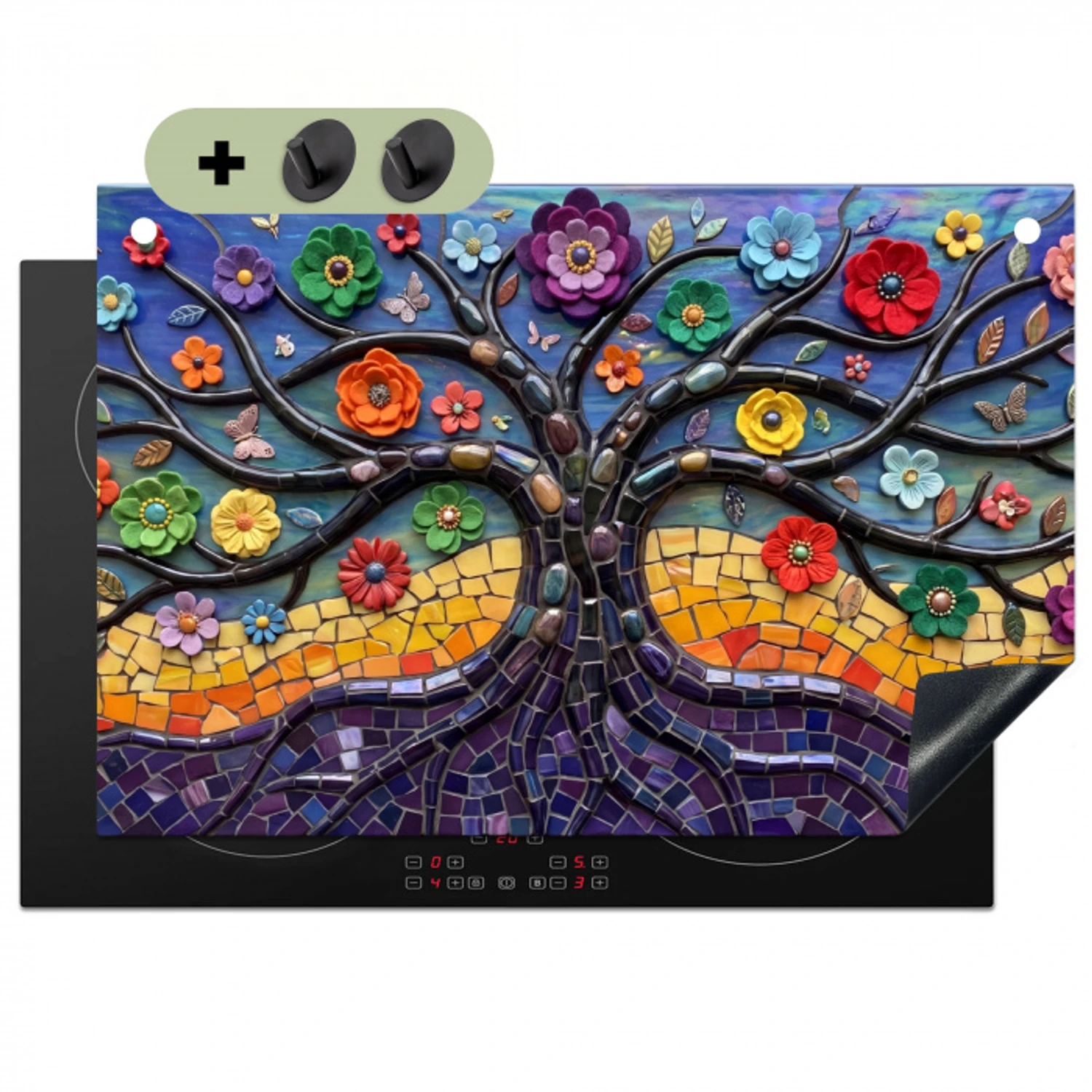Levensboom - Mozaïek - Bloemen - Kleurrijk - Vrolijk Inductie beschemer met haakjes klein -3d