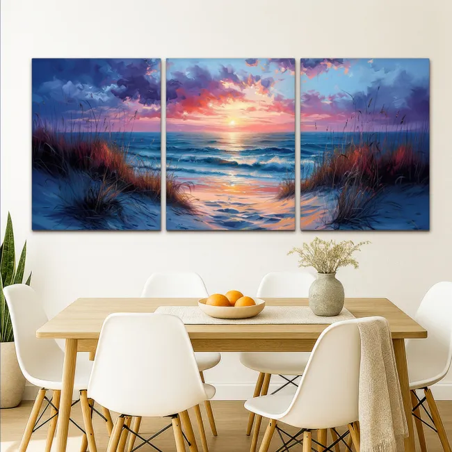Meerluik schilderij - 3 luiken - Strand - Blauw - Verf - Paars