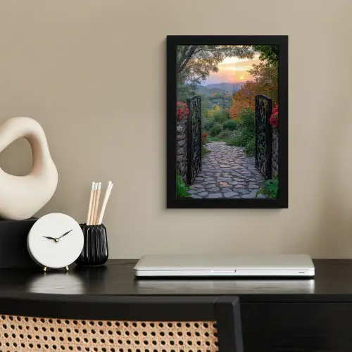 Landschap - Hek - Pad - Zonsondergang - Natuur fotolijst zwart zonder passe partout klein -sfeer1