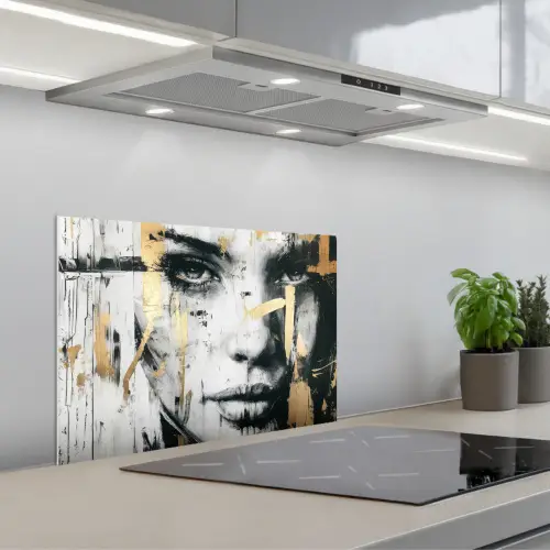 Portret - Vrouw - Penseelstreken - Goud keuken achterwand spatscherm klein -3d_schuin