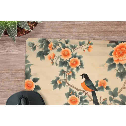 Vogel - Tak - Bloemen - Oranje muismat rubber klein -closeup
