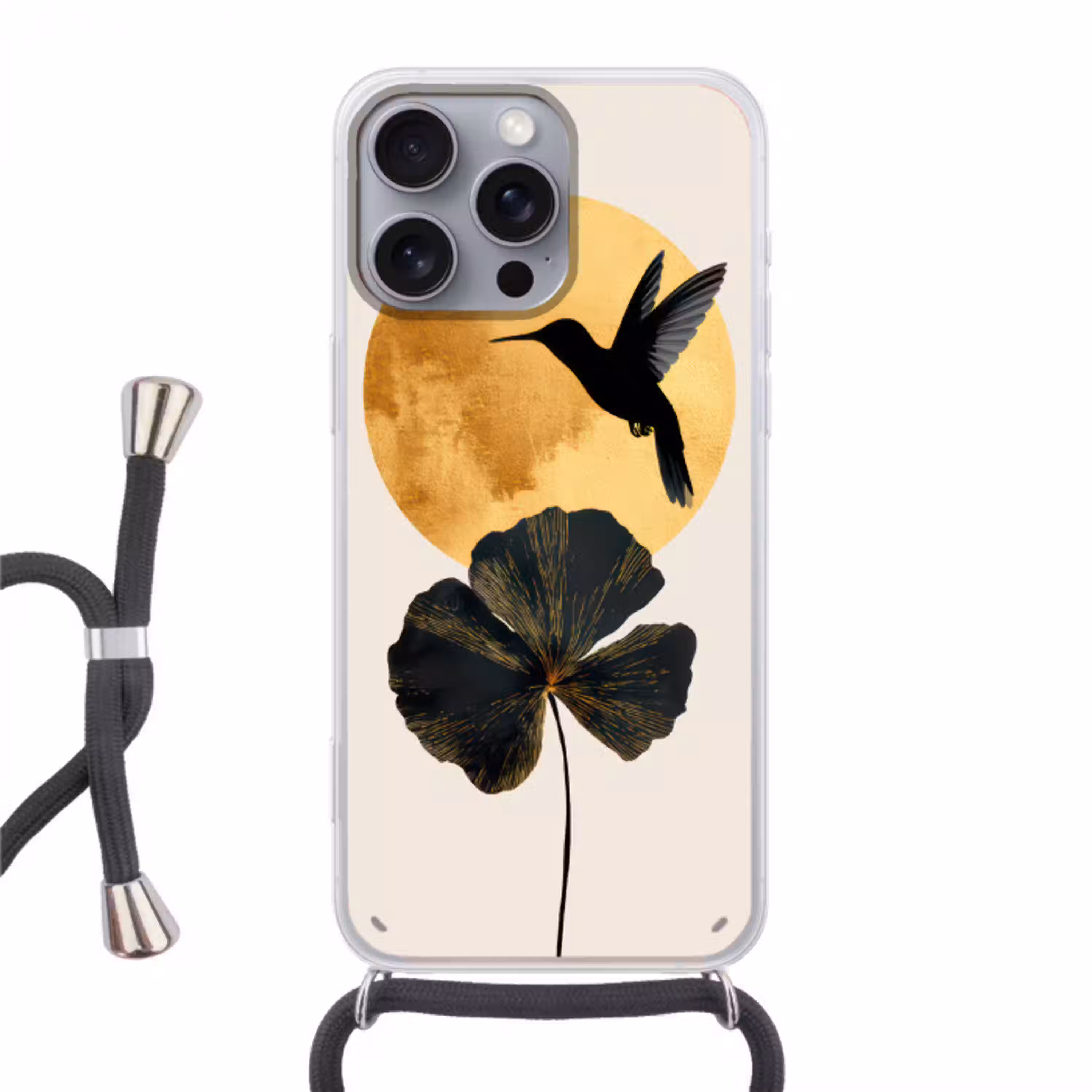 Zwarte kolibrie - Bloem - Gouden cirkel Hoesje iPhone 16 Pro Max met koord klein -3d