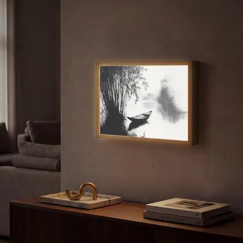 Boot - Rivier - Bamboe - Wit Light Box met batterij (Wandlamp) middel -sfeer1