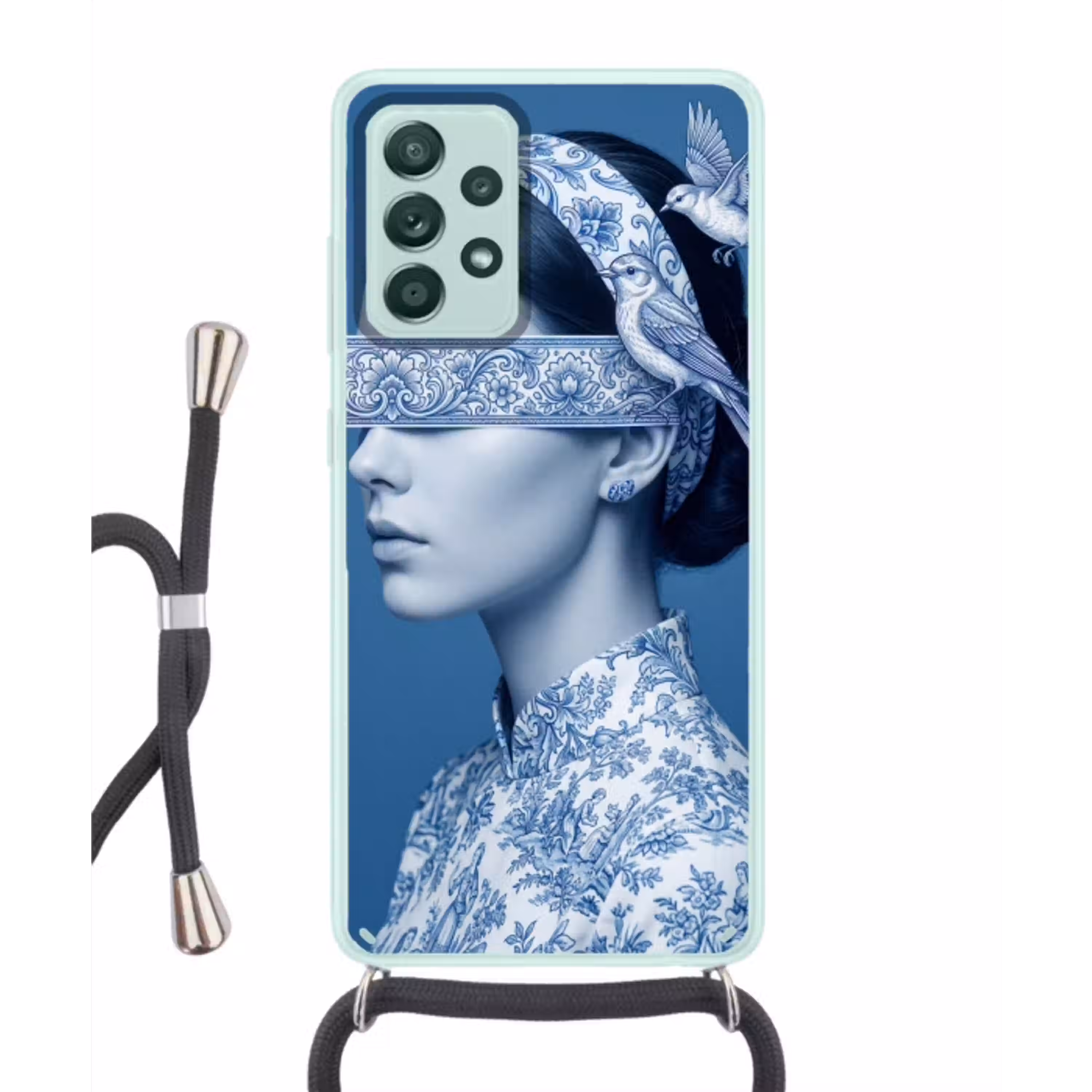 Portret - Klassiek - Wit - Blauw Hoesje Samsung Galaxy A52 met koord klein -3d