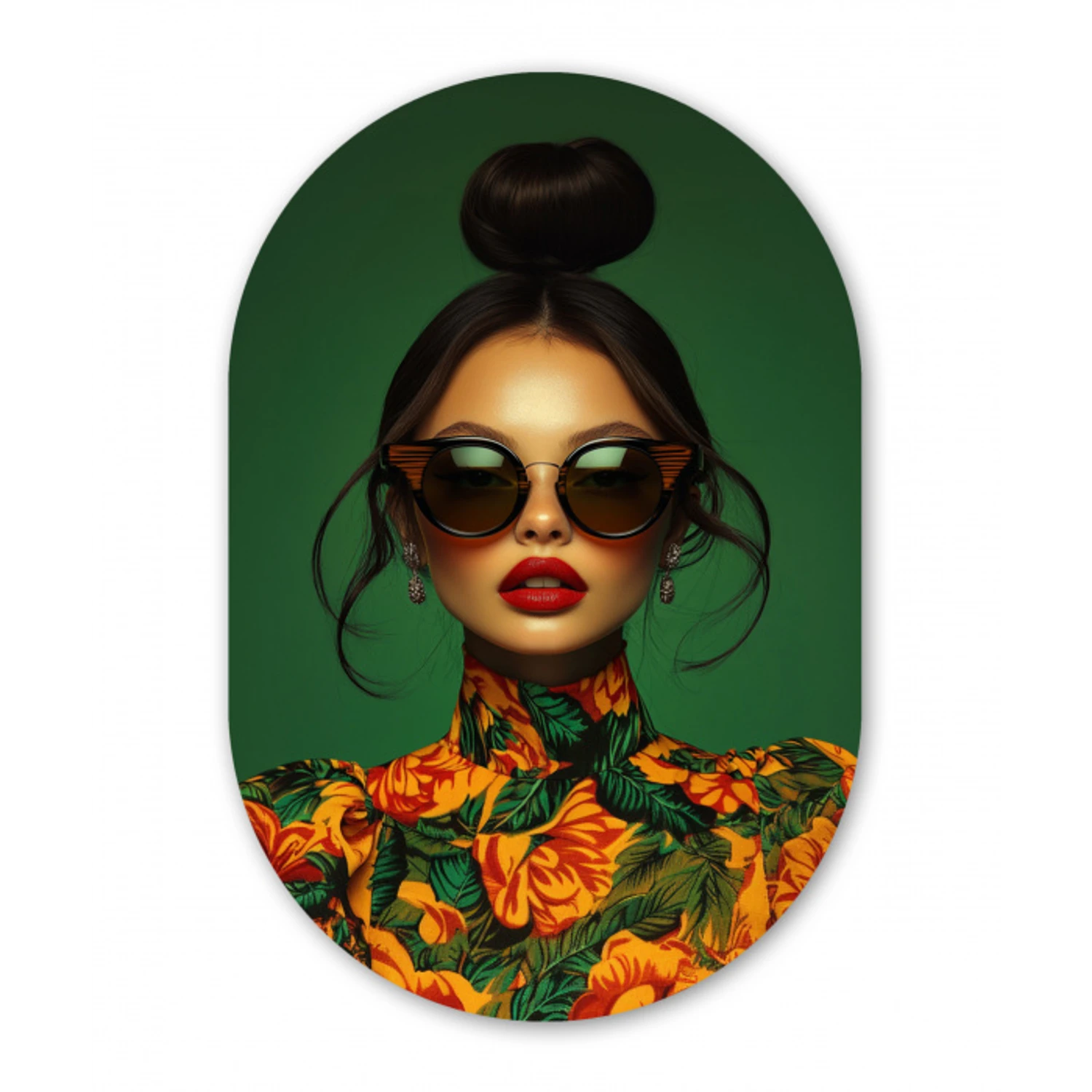 Vrouw - Groen - Modern - Bril - Abstract Wandcirkel Ovaal Glas middel -3d