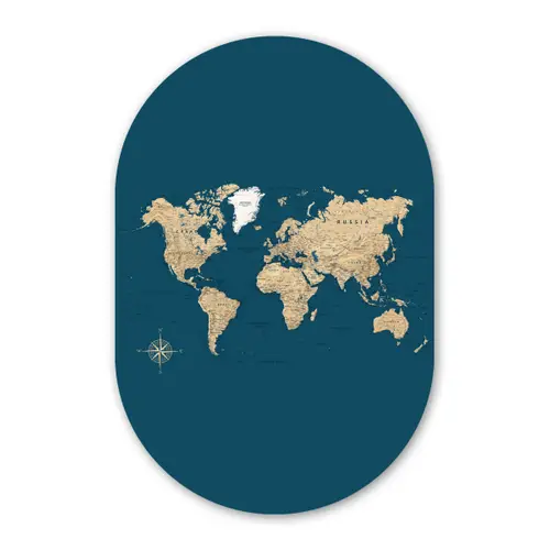 Wereldkaart - Donkerblauw - Beige Wandcirkel Ovaal Glas middel -3d