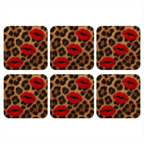 Lippen - Drie - Rood - Panterprint onderzetter kurk middel -3d