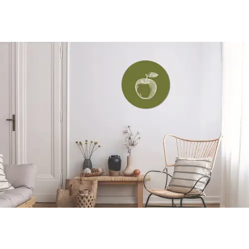 Lijntekening - Appel - Olijfgroen - Blaadje Wandcirkel aluminium klein -woonkamer
