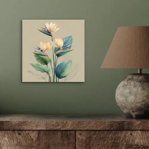 Paradijsvogelbloemen - Blauwgroene bladeren - Beige aluminium wit klein -sfeer2