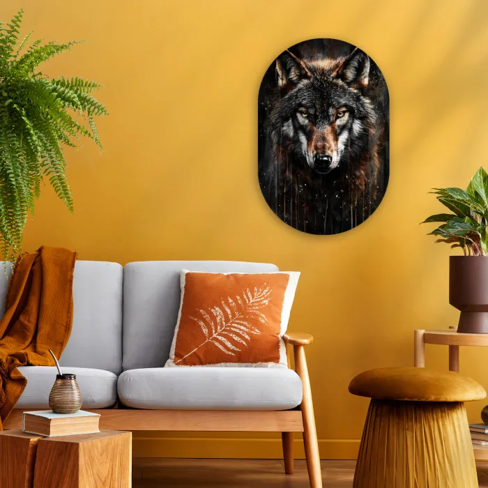 Dieren - Wolf - Portret - Zwart - Bruin Wandcirkel Ovaal Forex klein -sfeer4