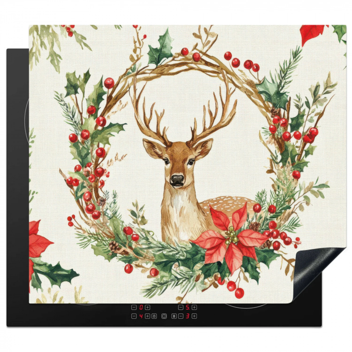 Kerstkrans - Hert - Hulst - Rood Inductie beschermer vinyl 3mm middel -3d