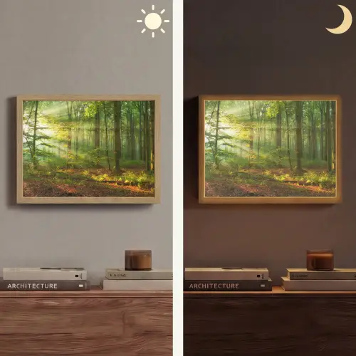 Zon - Bos - Bomen - Natuur - Herfst Light Box met batterij (Wandlamp) middel -sfeer3