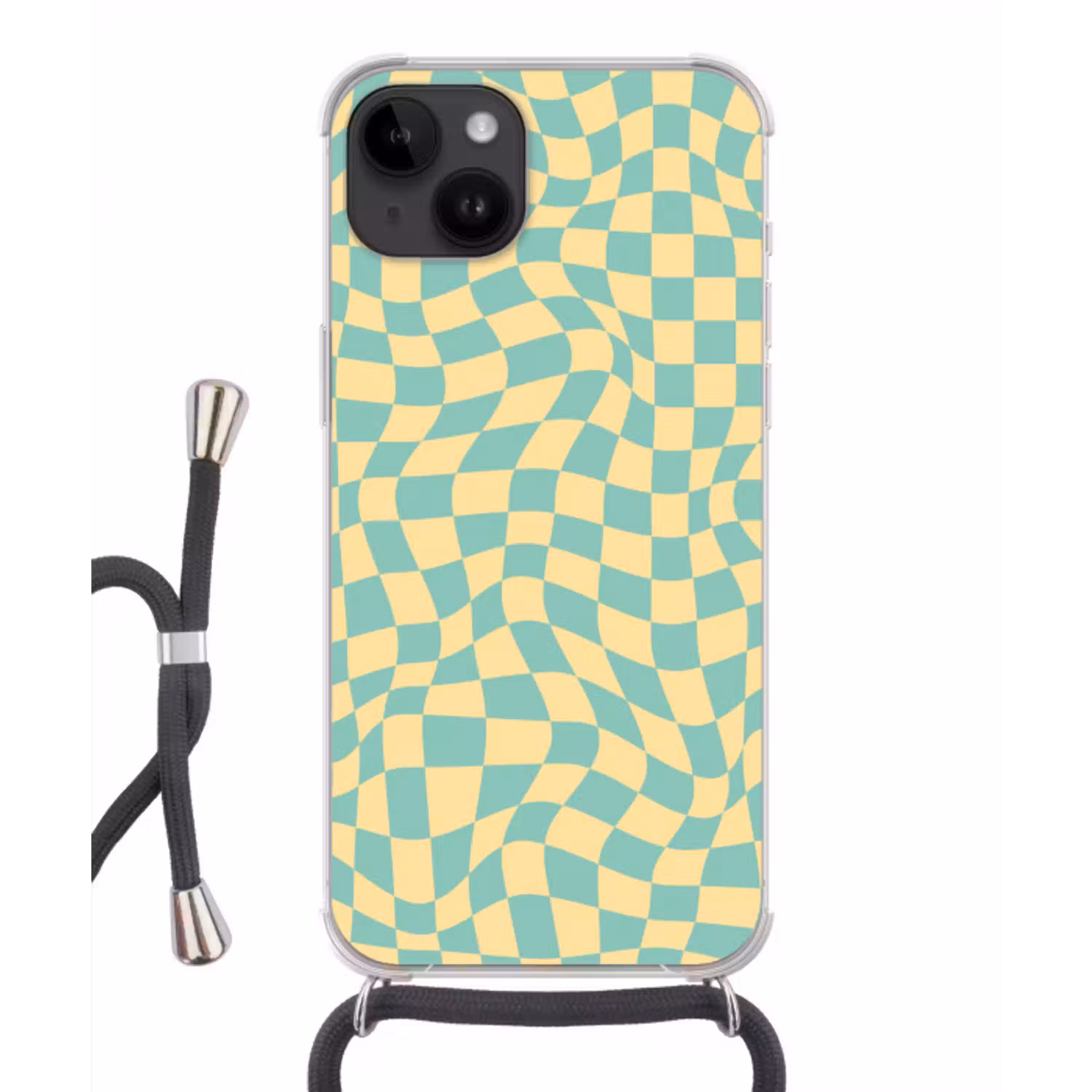Hokjes patroon - Geel - Blauw - Golvende lijnen Crossbody Case iPhone 14 middel -3d