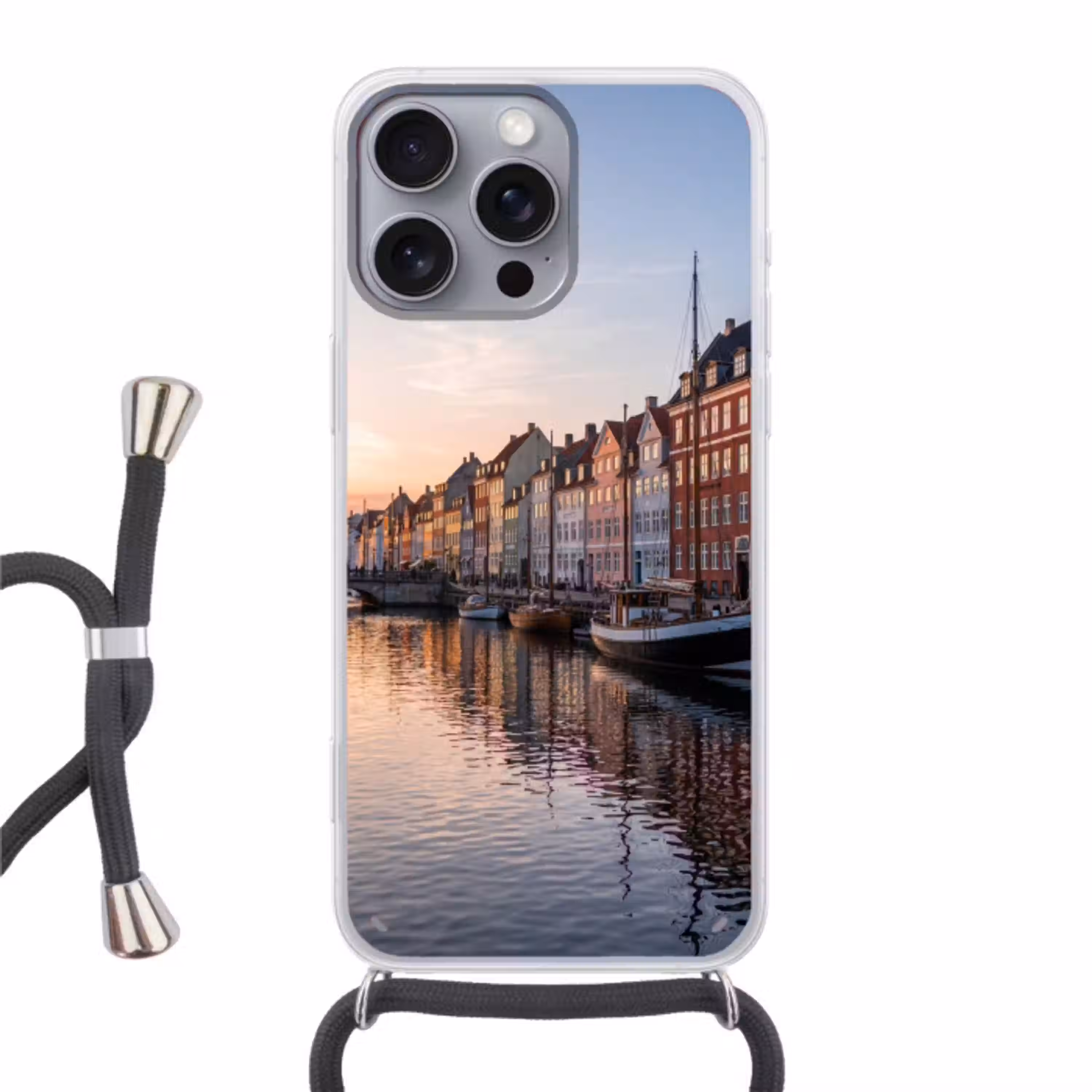 Stad - Gracht - Zonsondergang - Klassiek - Kleurrijk Hoesje iPhone 16 Pro Max met koord klein -3d