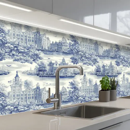Huizen - Bomen - Water - Vogels - Blauw keuken achterwand 2 middel 871 -3d_schuin