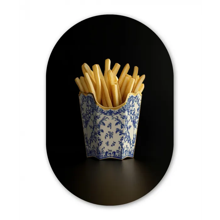 Friet - Porselein - Delfts blauw - Eten Wandcirkel Ovaal Glas middel -3d