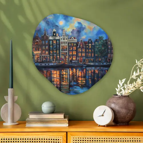 Grachten Amsterdam - Huizen - Stad - Kleurrijk Wandcirkel Organisch Aluminium middel -sfeer2