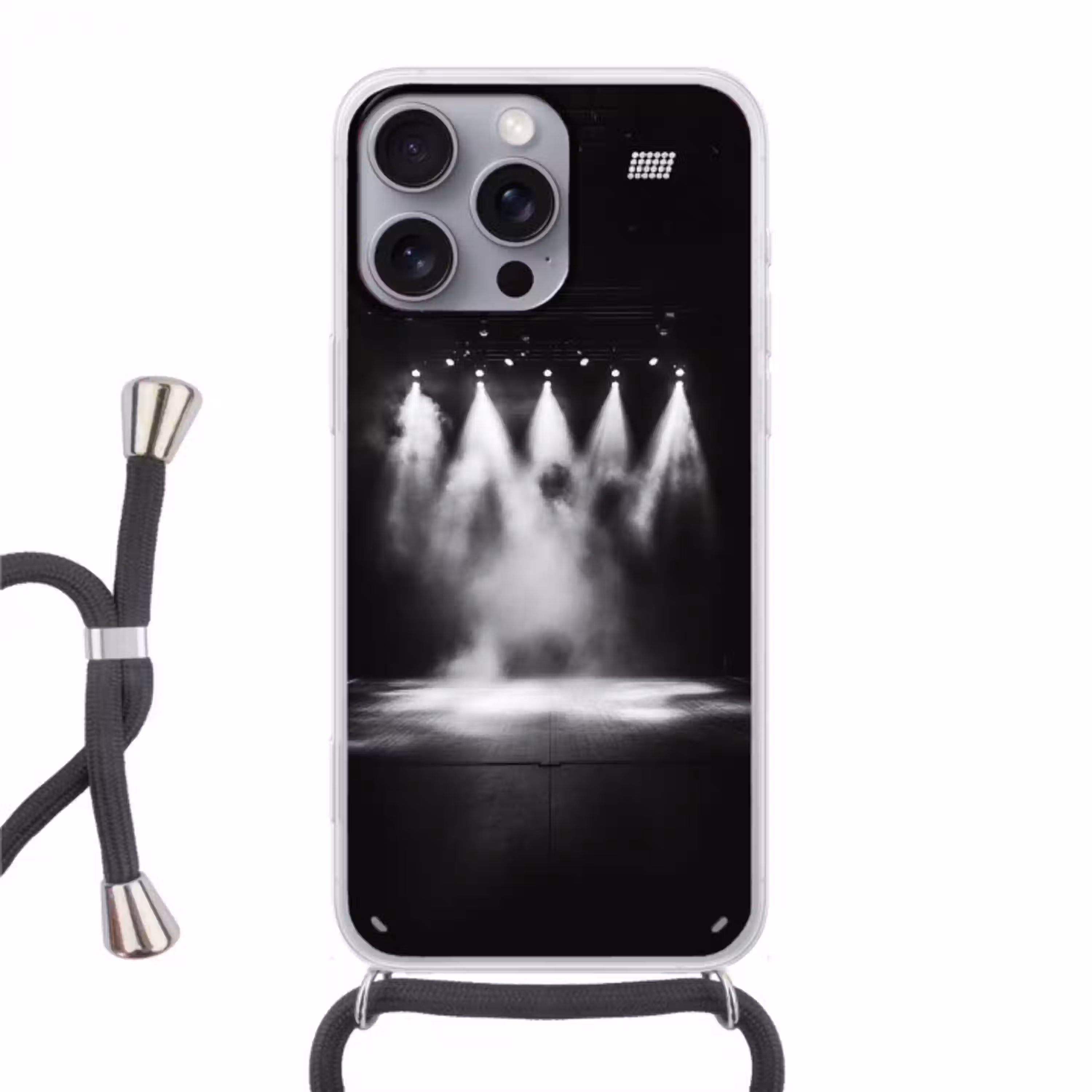 Theaterzaal - Mist - Spotlights - Zwart Hoesje iPhone 16 Pro Max met koord klein -3d