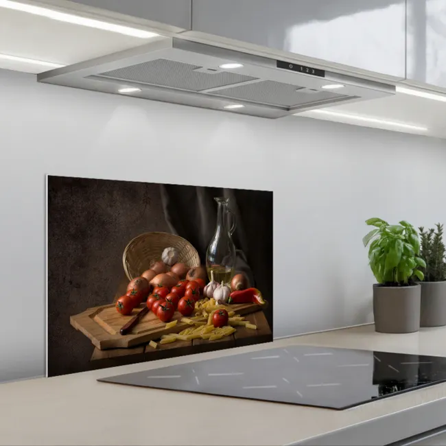 Snijplank - Groente - Stilleven - Pasta - Uit - Tomaat - Snijplank keuken achterwand spatscherm klein -3d_schuin