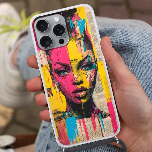 Vrouwengezicht - Krantenpapier - Abstract - Roze Hoesje iPhone 16 Pro Max met koord klein -sfeer3