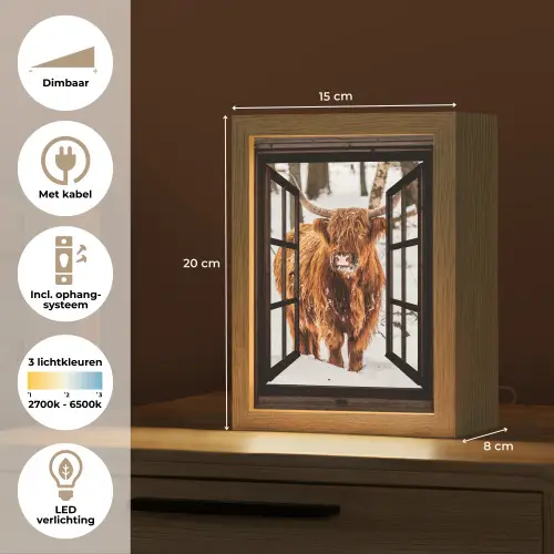 Schotse Hooglander - Sneeuw - Natuur - Dieren - Doorkijk - Winter Light Box met kabel (Tafellamp) klein -USP_NL