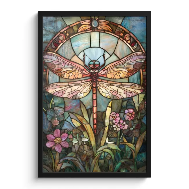 Poster met lijst - Libelle - Mozaïek - Bloemen - Kleurrijk