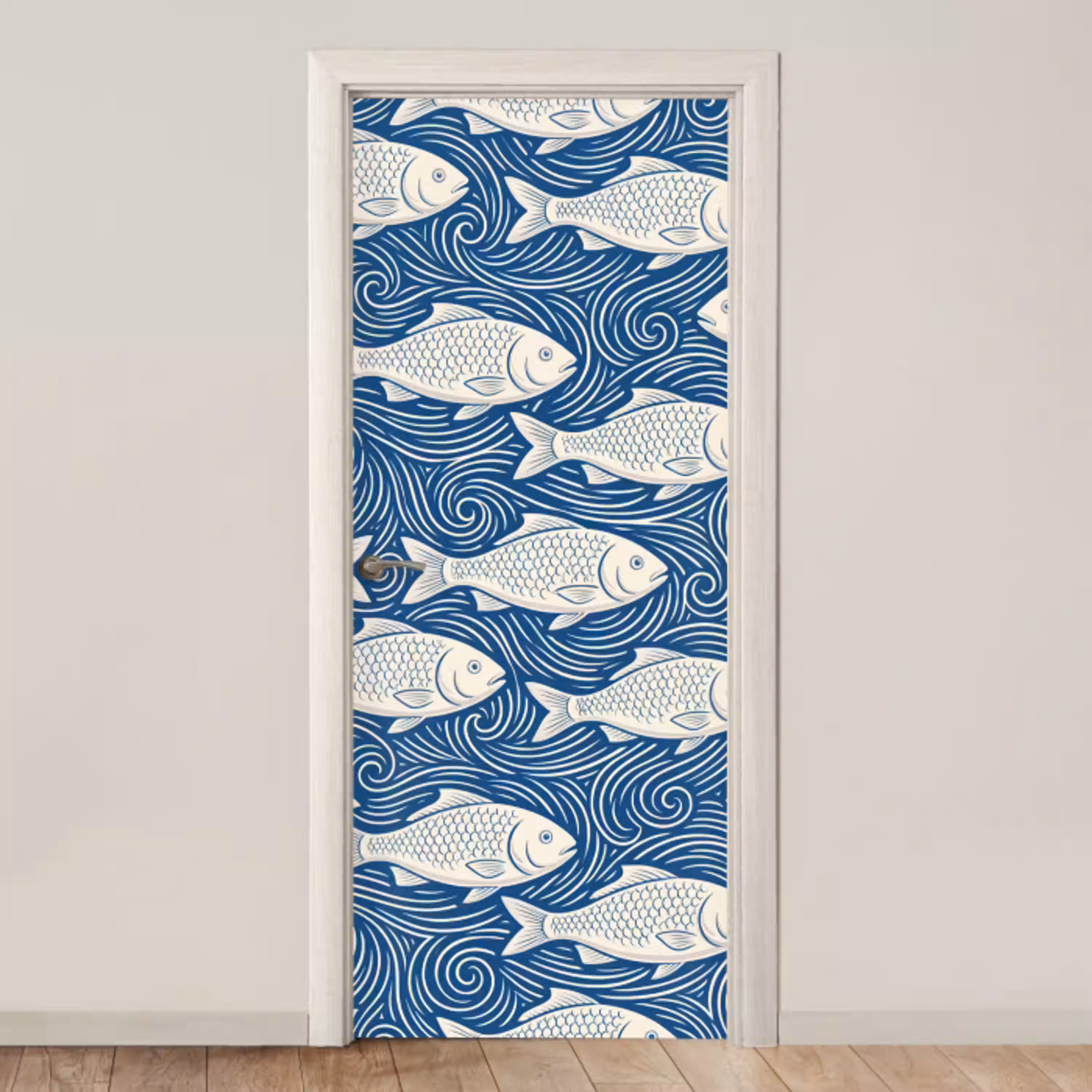 Vis - Water - Patroon - Grafisch - Blauw deurposter klein -3d_beige