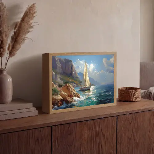 Zeilschip - Zee - Rotsen - Wolken Light Box met batterij (Wandlamp) middel -sfeer2