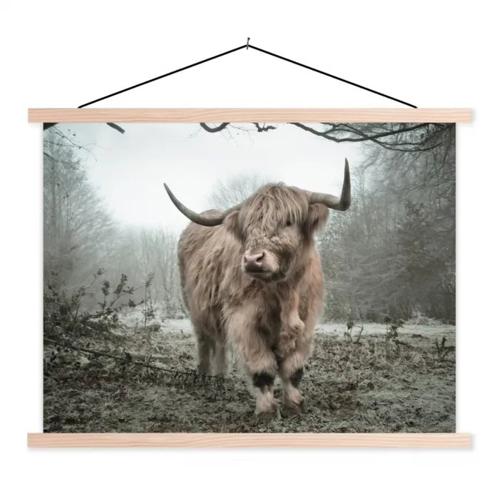 Schotse Hooglander - Bos - Mist - Koe - Dieren - Natuur textielposter latten blank klein -3d