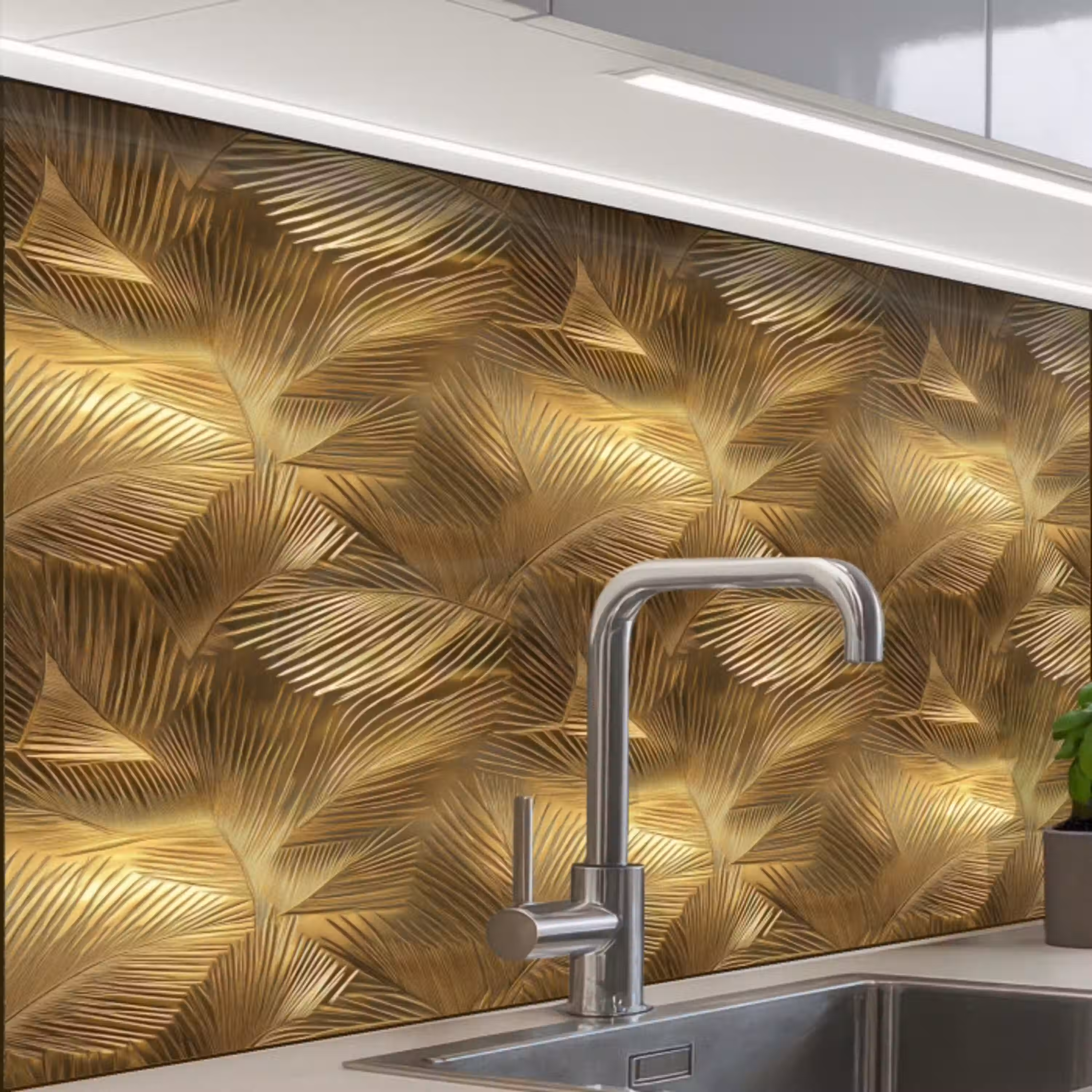 Palm - Waaier - Goud keuken achterwand 2 middel 865 -zzzz3d_schuin